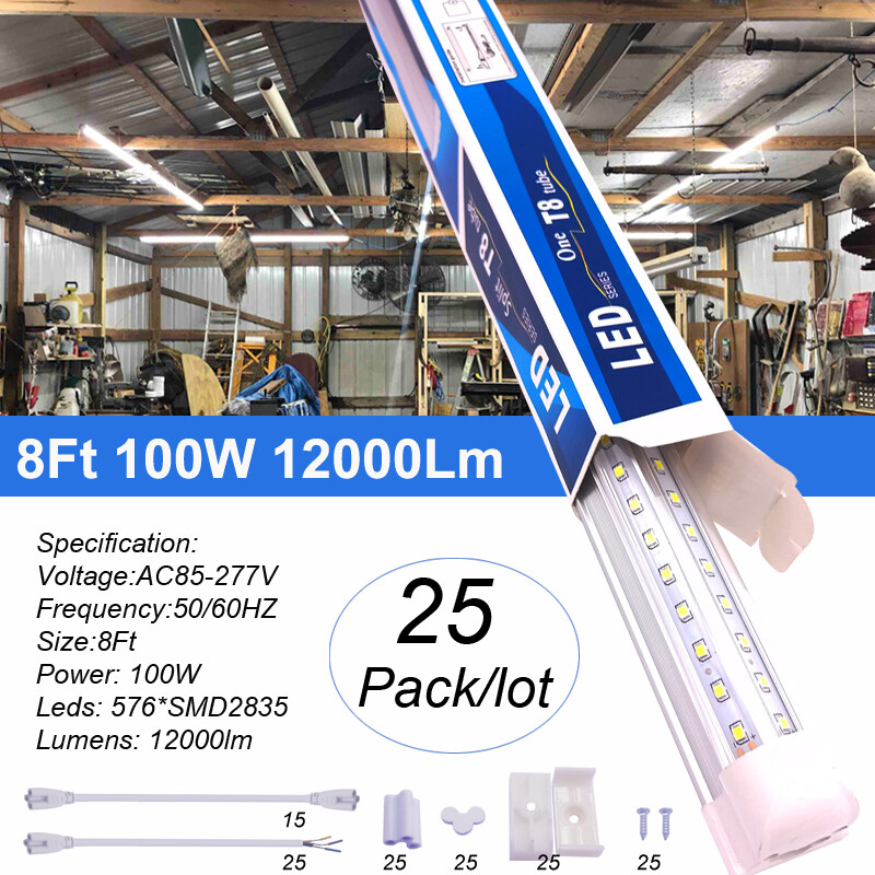 25 Pack 8 Foot LED Shop Light Fixture 8FT T8 LED Tube Light 8' 100W Garage Light