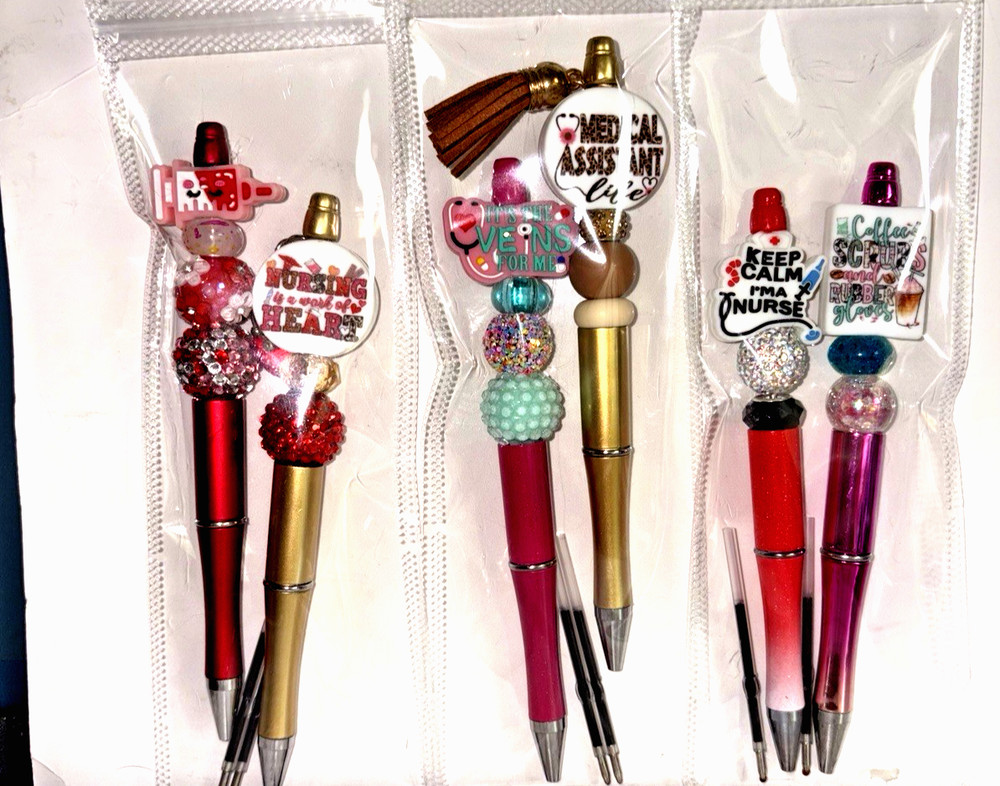 6 miscellaneous beaded pens with 1 ink refill each- nurse theme