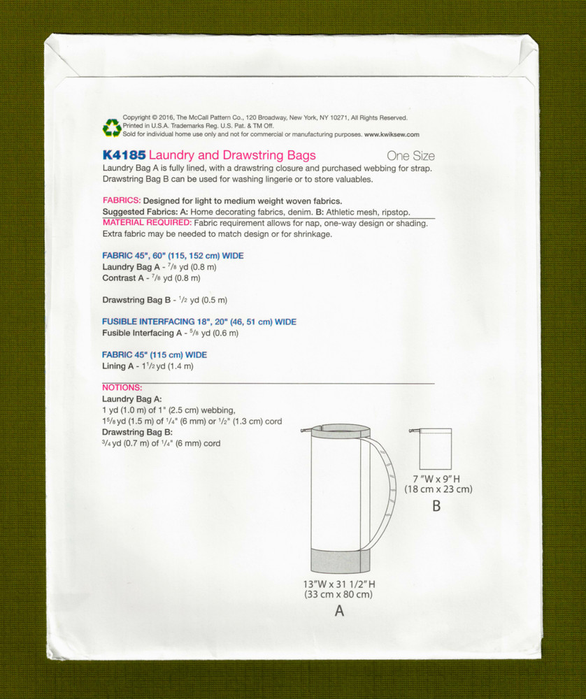 Laundry Bag & Drawstring Bag, Very Easy "Learn-to-Sew" Kwik Sew Pattern 4185