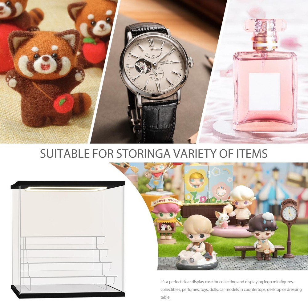 Clear Acrylic Display Case with Light 4 Tier Display Storage Box Assembly Dus...