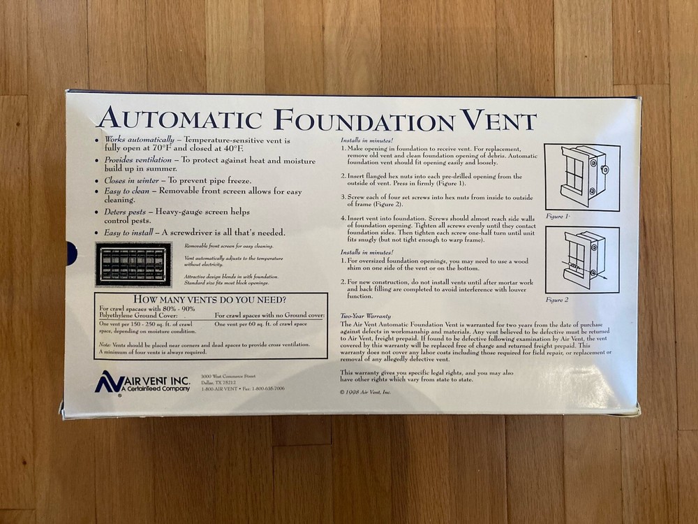 Air Vent Inc Automatic Foundation Vent Gray Model AFVGR