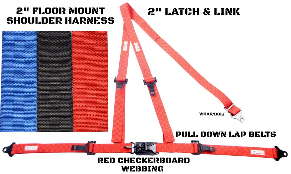 OFF ROAD RACE 2" HARNESS RED CHECKERBOARD 3 POINT FLOOR Y MOUNT PULL DOWN BELT