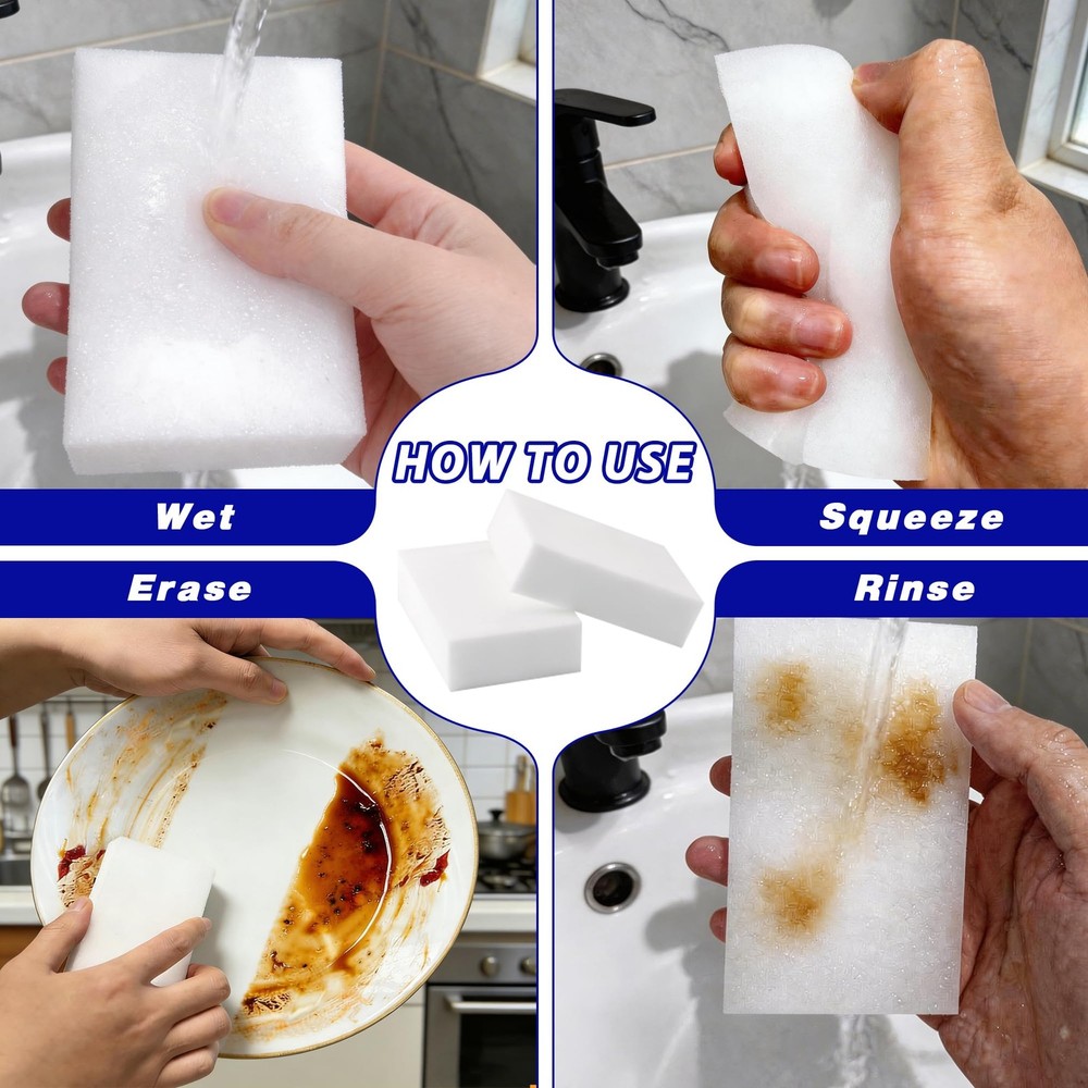 100 Pack Magic Cleaning Sponge Erasers, 100pcs sponge eraser, White