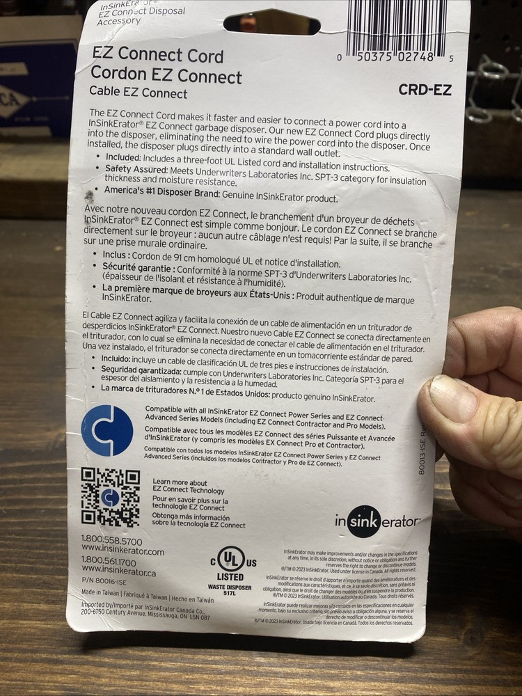 InSinkErator Garbage Disposal EZ Connect Power Cord 3' CRD-EZ