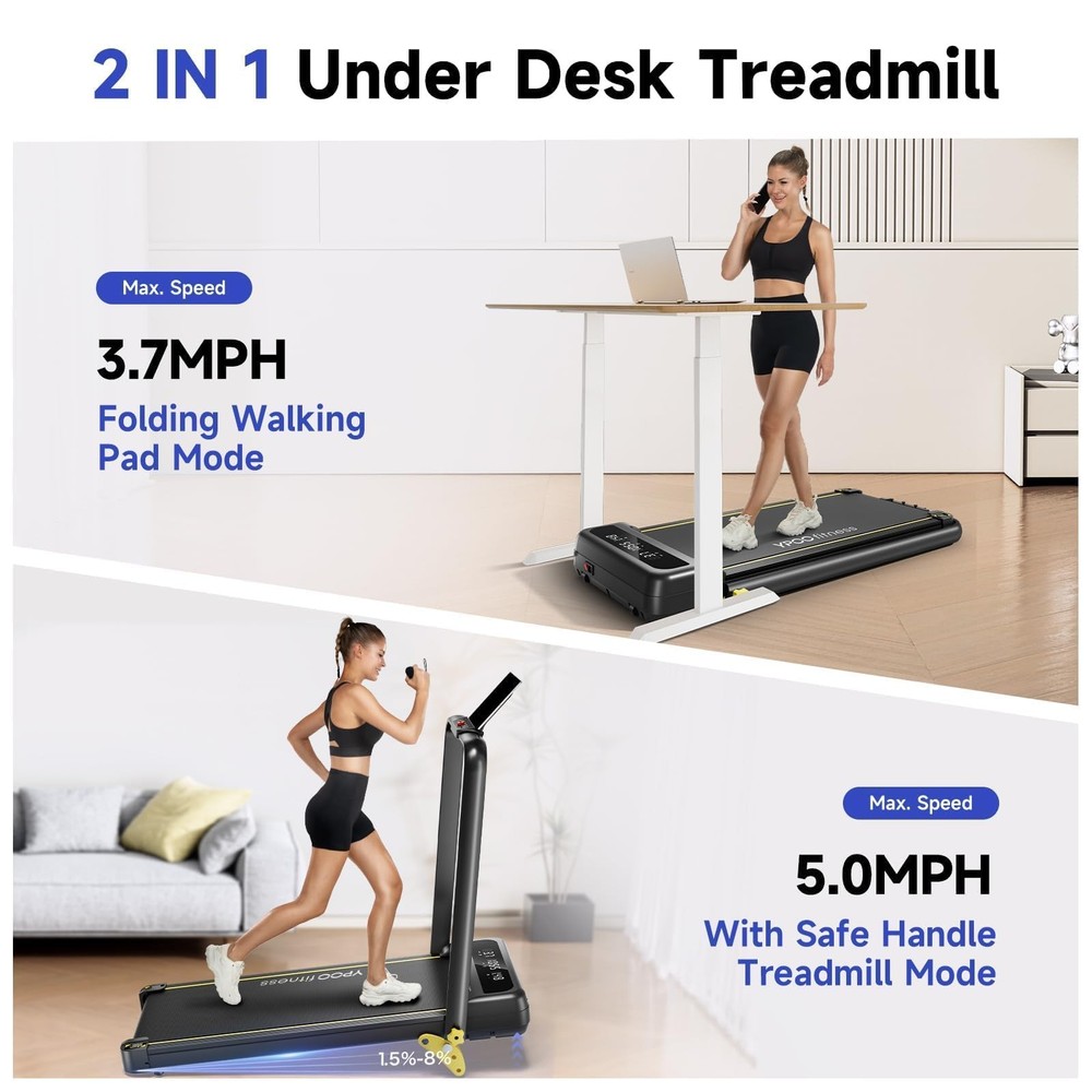YPOO Foldable Treadmill with Incline, Walking Pad Handle Bar 3 Black