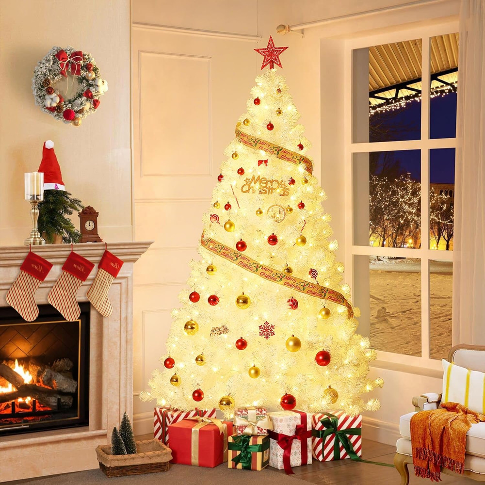 7.5Ft Pre-Lit White Christmas Tree with 450 LED Lights - Easy Assembly