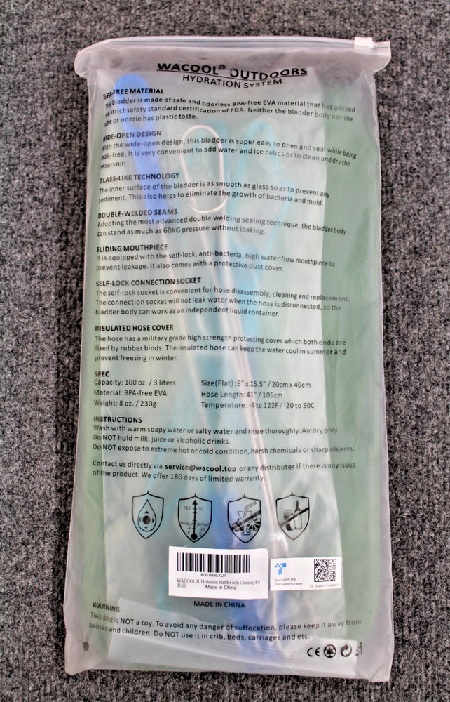 WACOOL 3L Hydration Bladder w/ Cleaning Kit (New- Open Packaging)