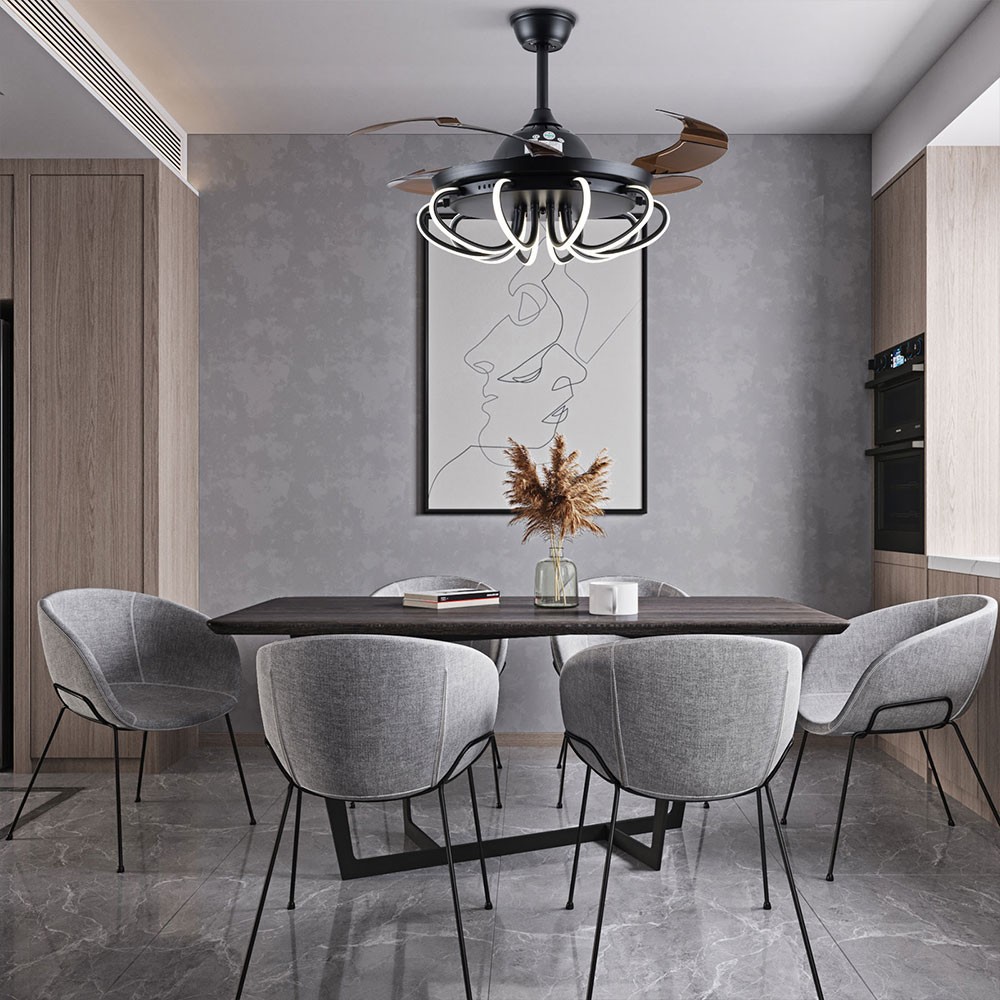 42" Ceiling Fan LED Light Dimmable Remote Control Black 1-8h Timing ABS Blades