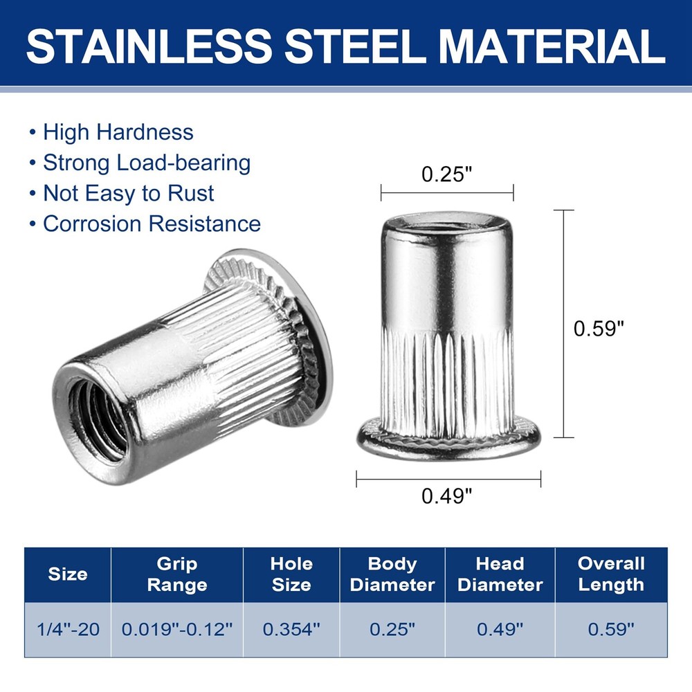 WORKPRO 50PC Rivet Nuts 1/4"-20 Flat Head Threaded Insert Stainless Steel Rivnut
