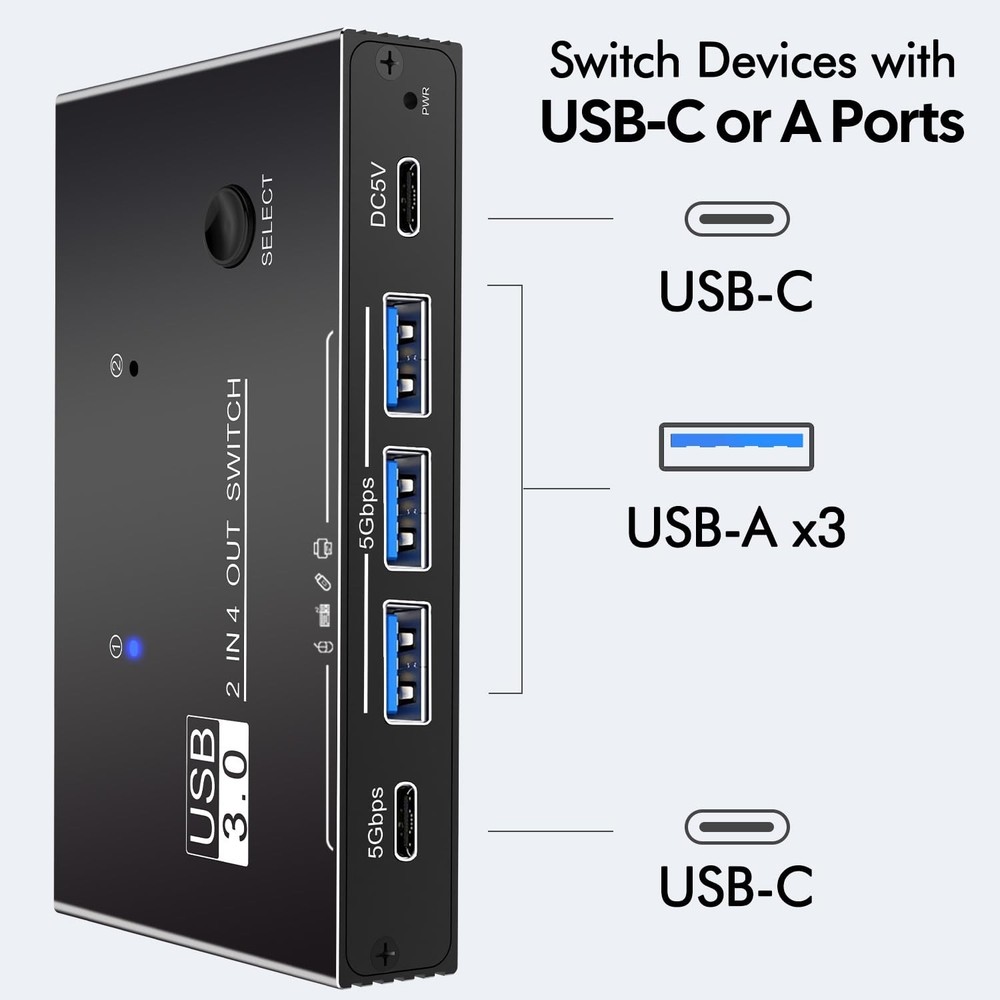 USB 3.0 Switcher 2 Computers Sharing USB C & A Devices, 4 Port Sharing Keyboa...