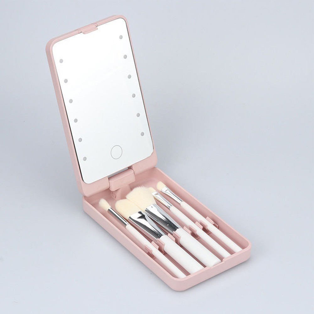 LED Makeup Mirror Case Brushes Set Clear Reflection 360 Rotation For Travel Pink
