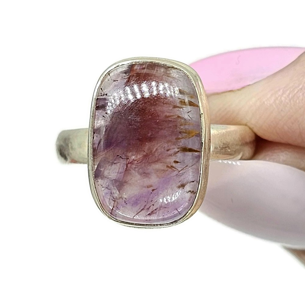 Super 7 ring, Size P, Cacoxenite Ring, Rectangle Shaped, Melody Stone Ring