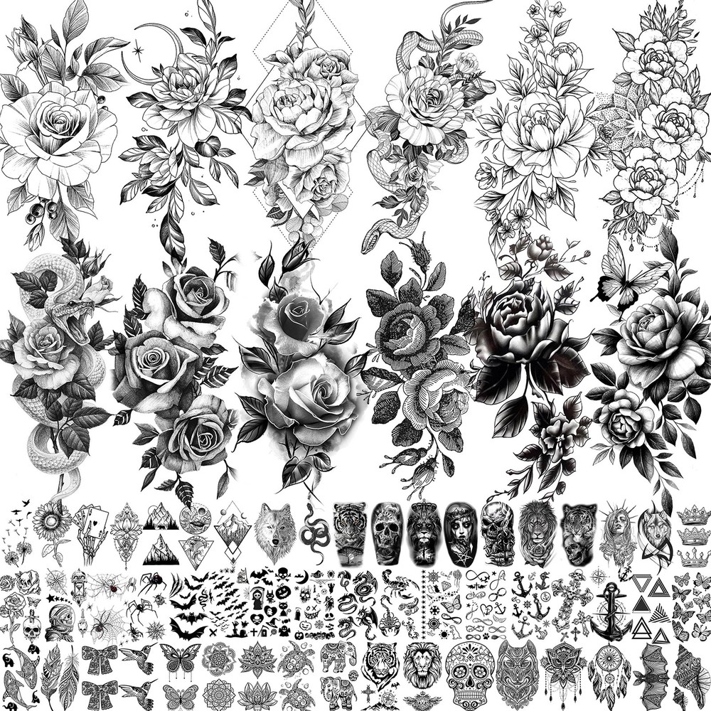 VANTATY 65 Sheets Black Realistic Flower Temporary 8 Count (Pack of 1), B