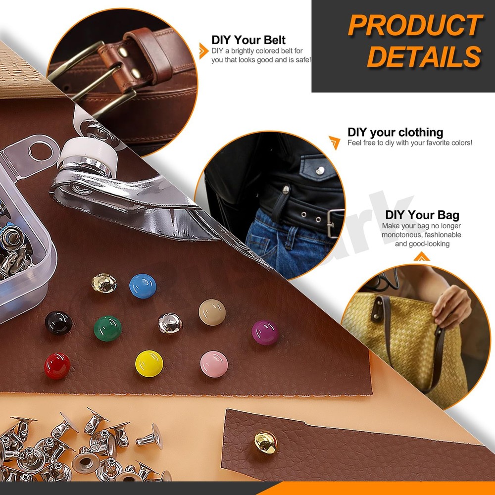 200 Sets 7mm Double Round Cap Leather Rivets with 5Pcs Fixing Tools Kit, 10 C