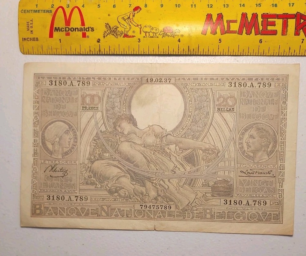 1937 Belgium 100 Francs Note; Pick 107 Nice aVF