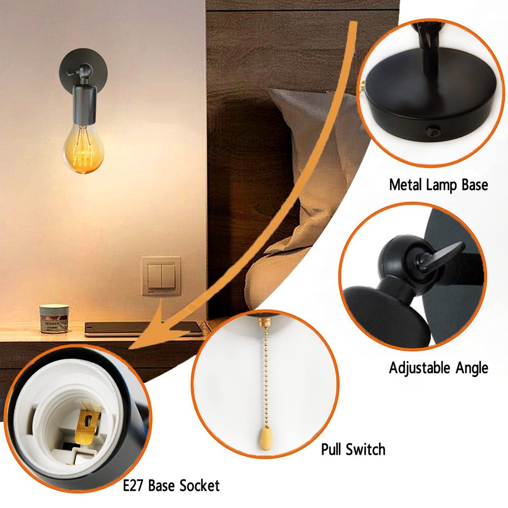 Adjustable Retro Wall Sconce Light with Pull Chain Switch Vintage Black Wall ...