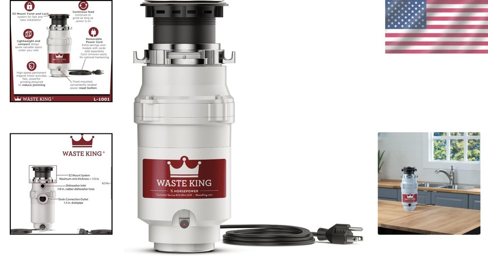 Durable 1/2 HP Garbage Disposal Stainless Steel Grind Continuous Feed