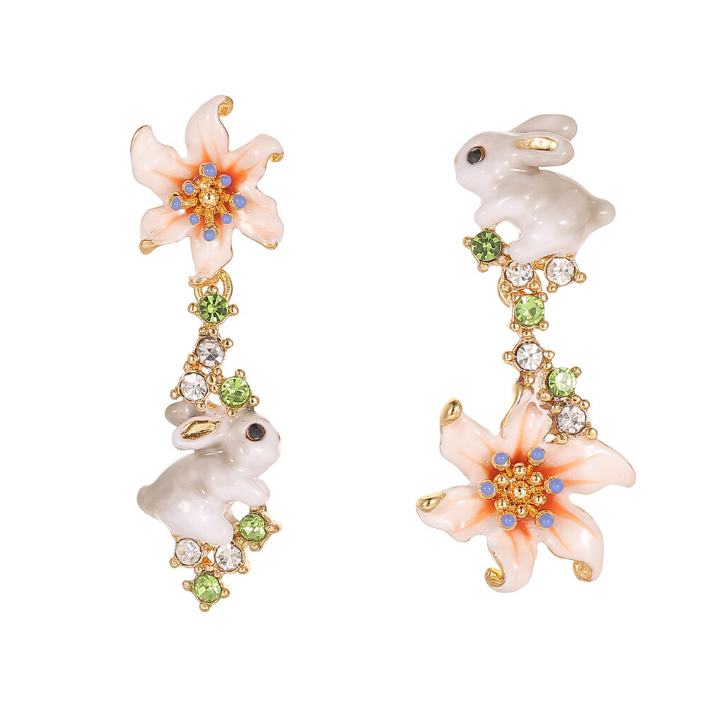 Original Design Enamel White Rabbit Bunny Flower Asymmetrical Dangle Earrings