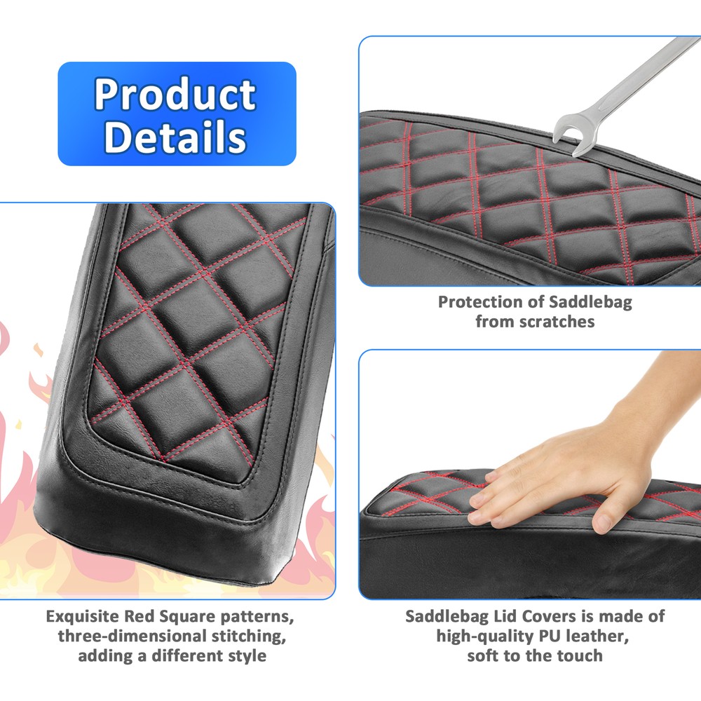 Saddlebag Lid Covers Microfiber Leather for 1993-2013 Harley Touring Red Square