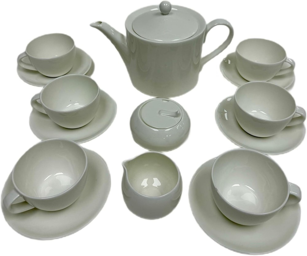Bone China Dinnerware and Serveware. 15 Piece Tea Set, Service for 6, White