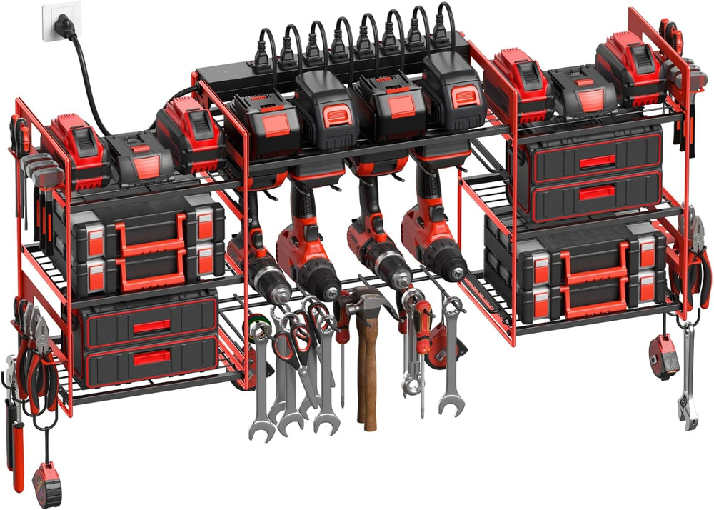 Red Power Tool Organizer Wall Mount, Large Tools and Battery Storage Rack Chargi