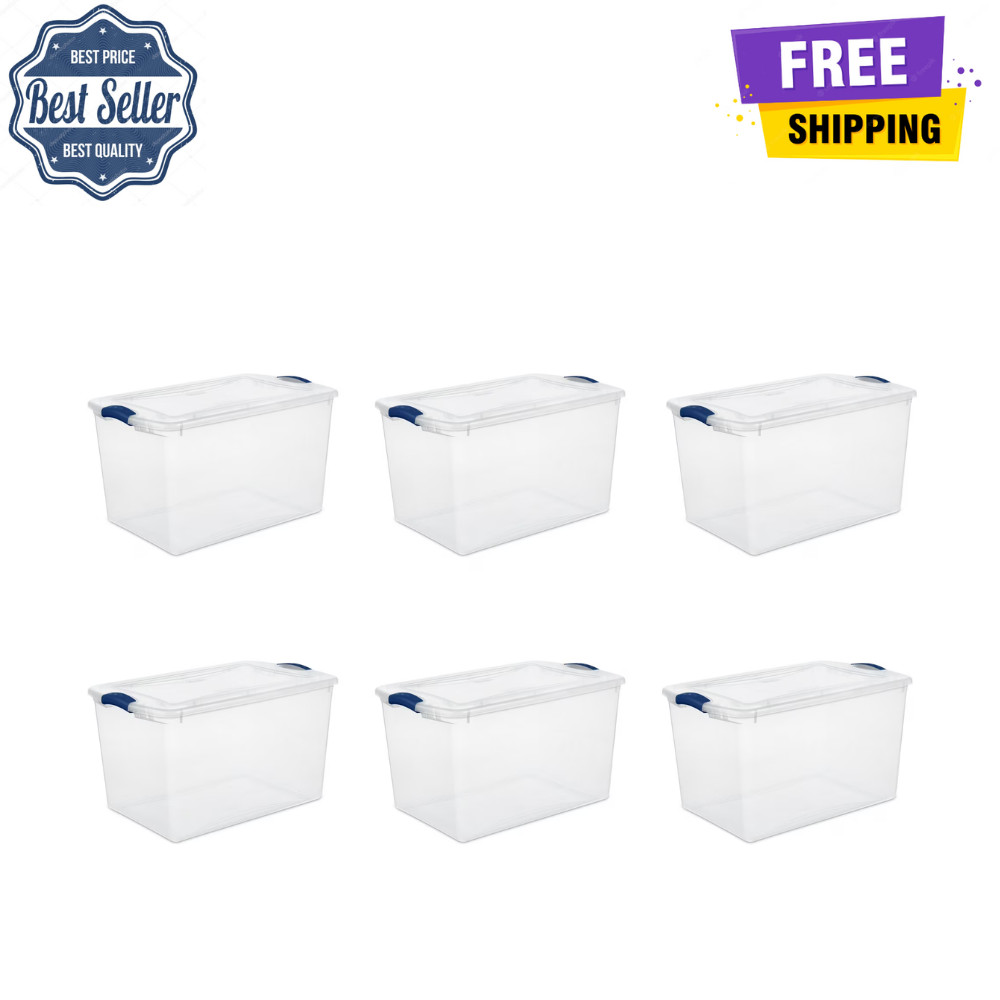 (6 pack) Sterilite Large Storage Bin, 66 Quart Clear Plastic Storage Container