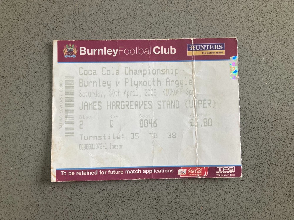 Burnley v Plymouth Argyle 2004-05 Match Ticket