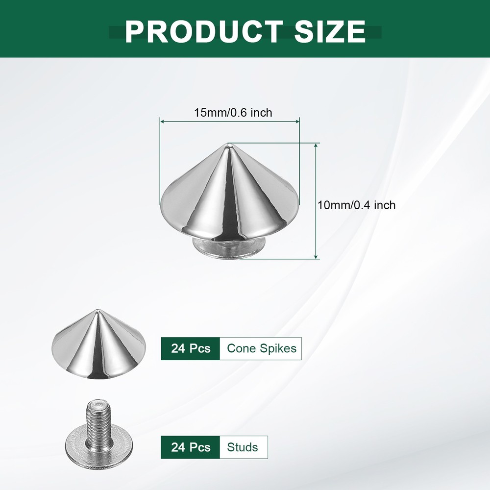 24 Pcs Cone Spikes and Studs Kit, 15mm Metal Spikes and Studs, Silver