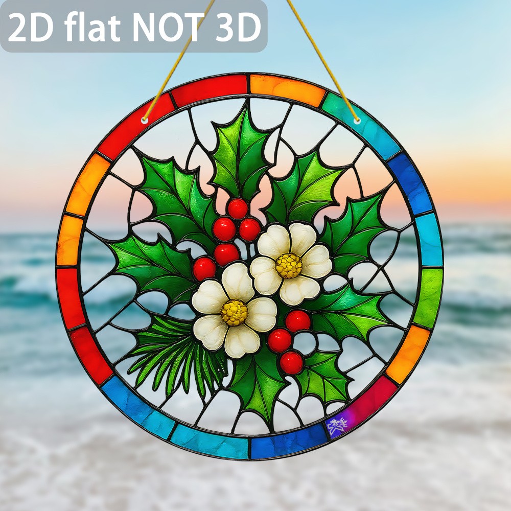 Christmas Holly Acrylic Panel Suncatcher White Flowers Pattern Hanging Decor