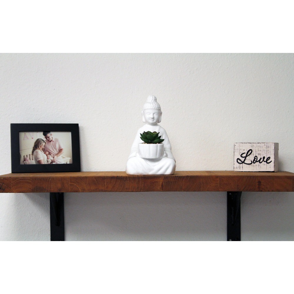 Artificial Succulent Arrangement in White Ceramic Planter with Buddha Design