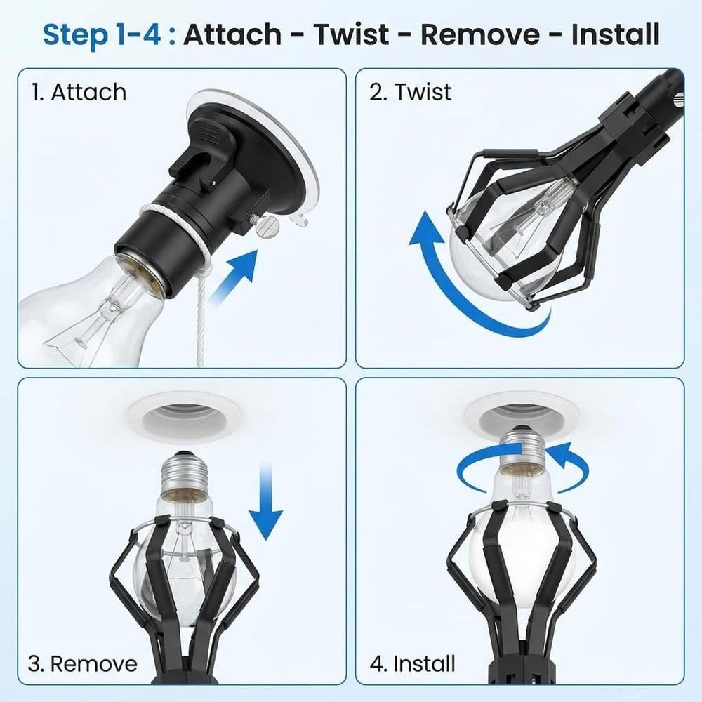 QWORK Professional Light Bulb Changer Kit - 3 Piece Set - Extension Black