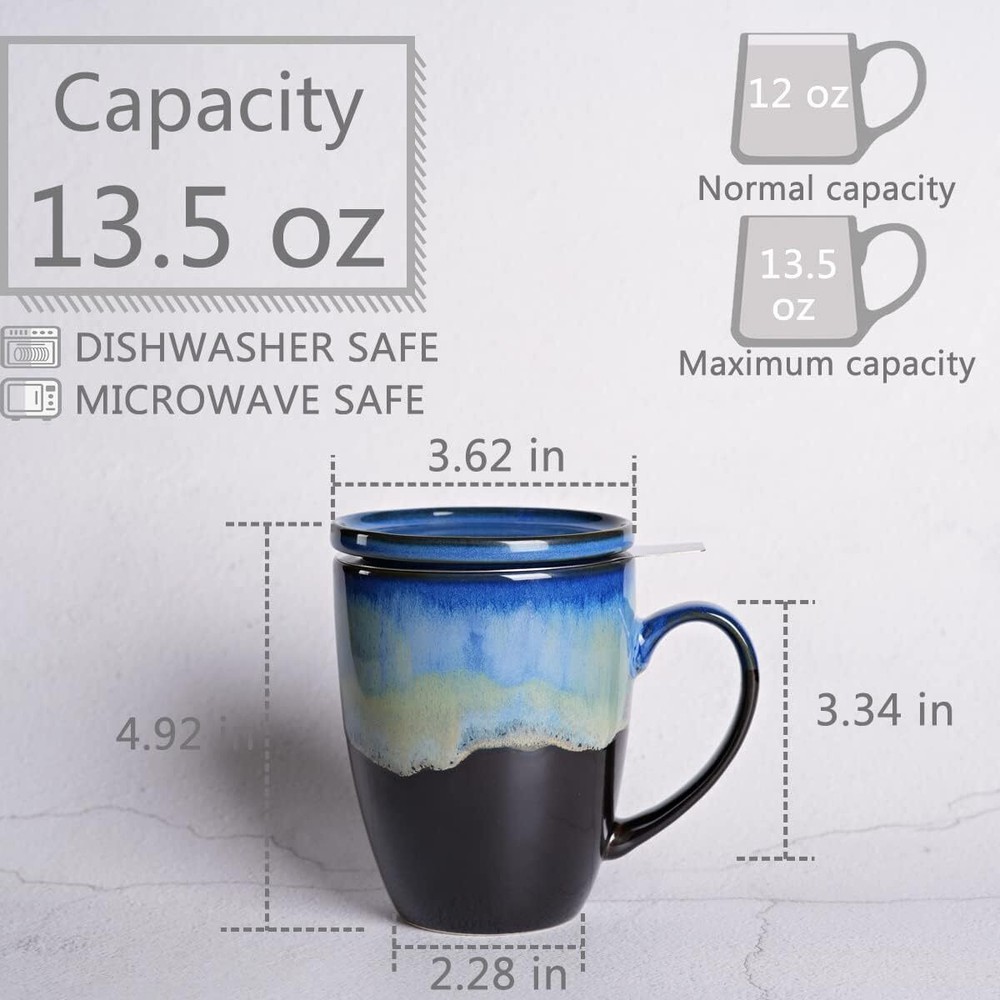 Bosmarlin Ceramic Tea Cup with Infuser and Lid, 13.5 Oz, 4 Blue