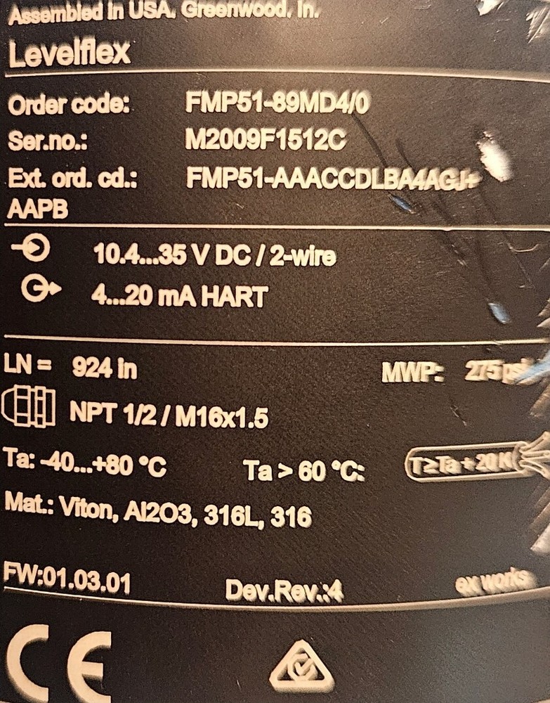 Endress + Hauser Levelflex FMP51 Guided Wave Radar Level Transmitter w/ Sun SHD
