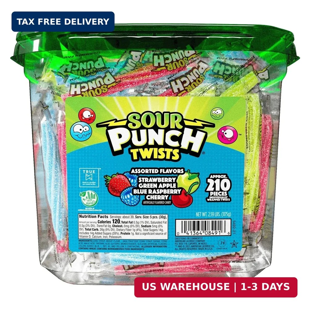 Sour Punch Twists, Sour Candy 3" Individually Wrapped Chewy Candy, 4 Assorted