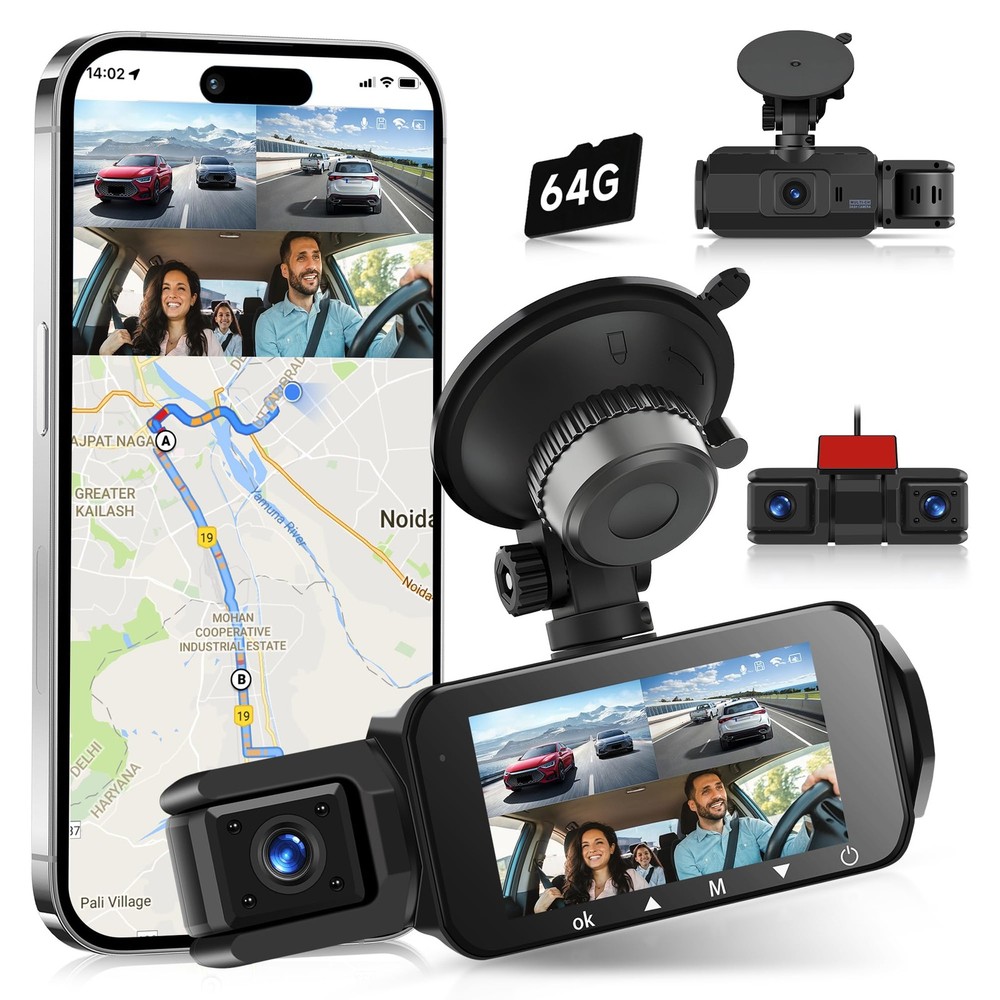 360° 2K Dash Cam Front and Rear Inside,4 Channel 3inch IPS Touchscreen 2K Das...