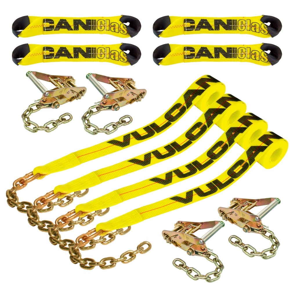 VULCAN 8-Point Roll Back Vehicle Tie Down Kit - Chain Tails On Both Ends, 4 Pack