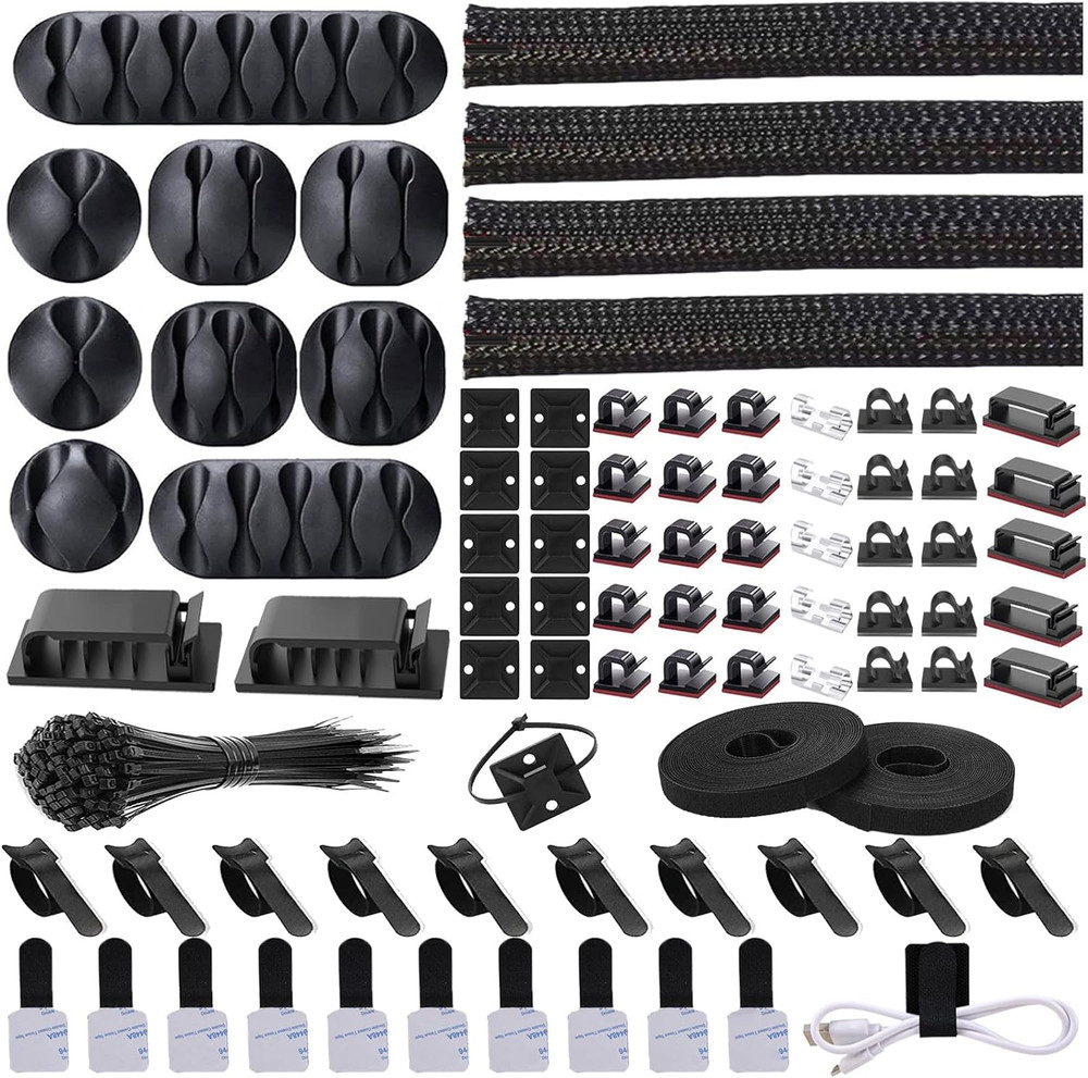 Cord Management Organizer Kit 4 Cable Sleeve Split with 41Self Adhesive Cable Cl