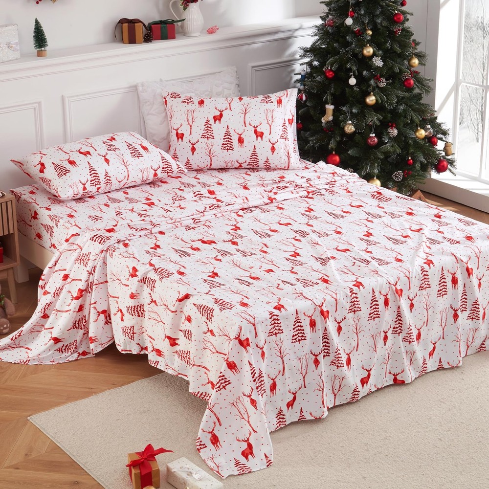 Christmas Sheets Queen, Soft Brushed Microfiber Bed Sheet Set, 16 Inches Deep...