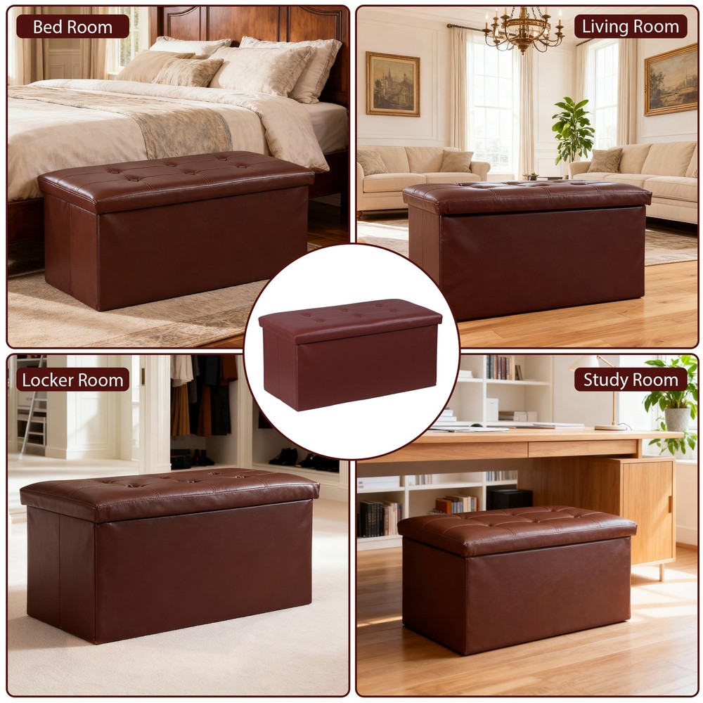 30" Sturdy Ottomans Footstools Soft Leather Brown Storage Footrest Foldable