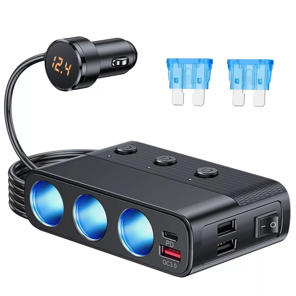 V3 Way Car Cigarette Lighter Socket Splitter 7 in 1 Power Adapter 127W (Max)