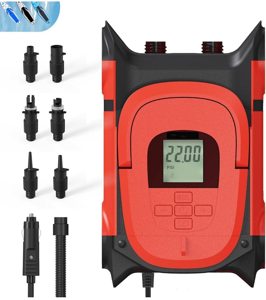 Paddle Board Pump with Auto-Off Function Dual Motor   Red & Orange Color