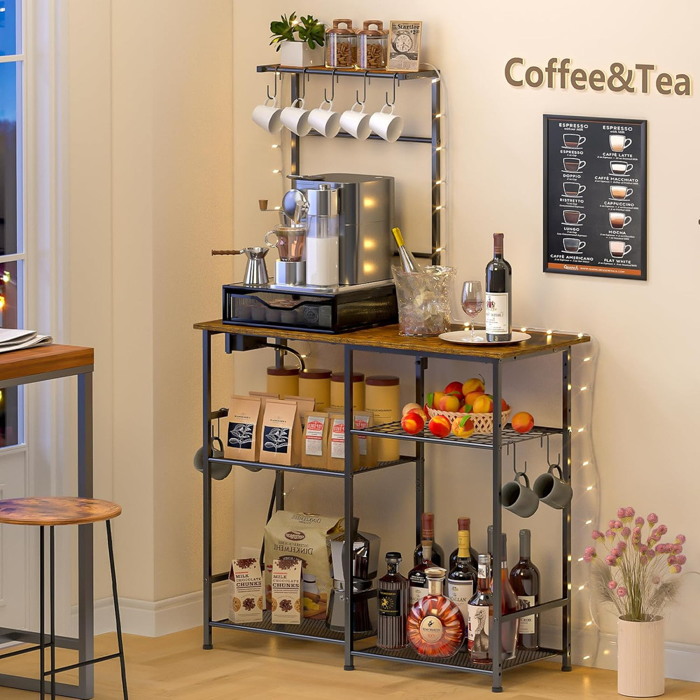 Bakers Rack with Power Outlet, Kitchen Microwave Stand with 10 S-Shaped Hooks, 6