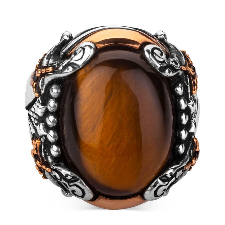 Solid 925 Sterling Silver Tiger's Eye Stone Sword Men's Ring