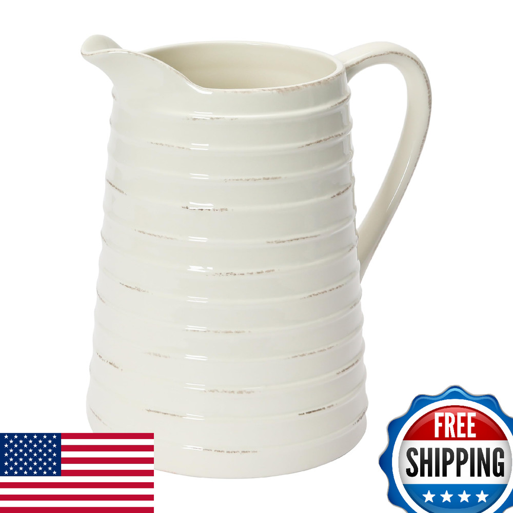Creative Co-Op White Ceramic Pitcher Serving, Modern Farmhouse Style