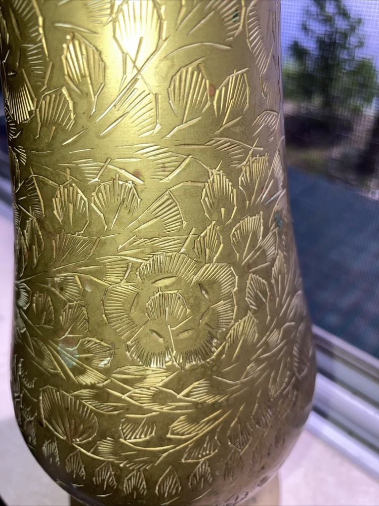 vintage large heavy solid Engraved ￼brass vase 14”