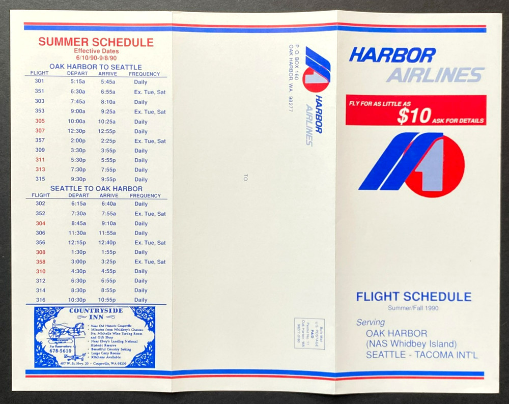 Harbor Airlines Timetable Effective June 10, 1990 (Summer/Fall 1990)