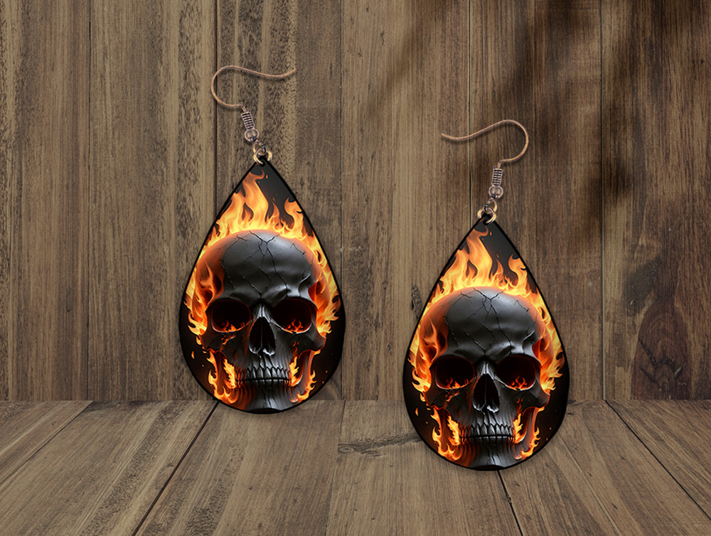 Fire Flaming Skull Teardrop Earrings