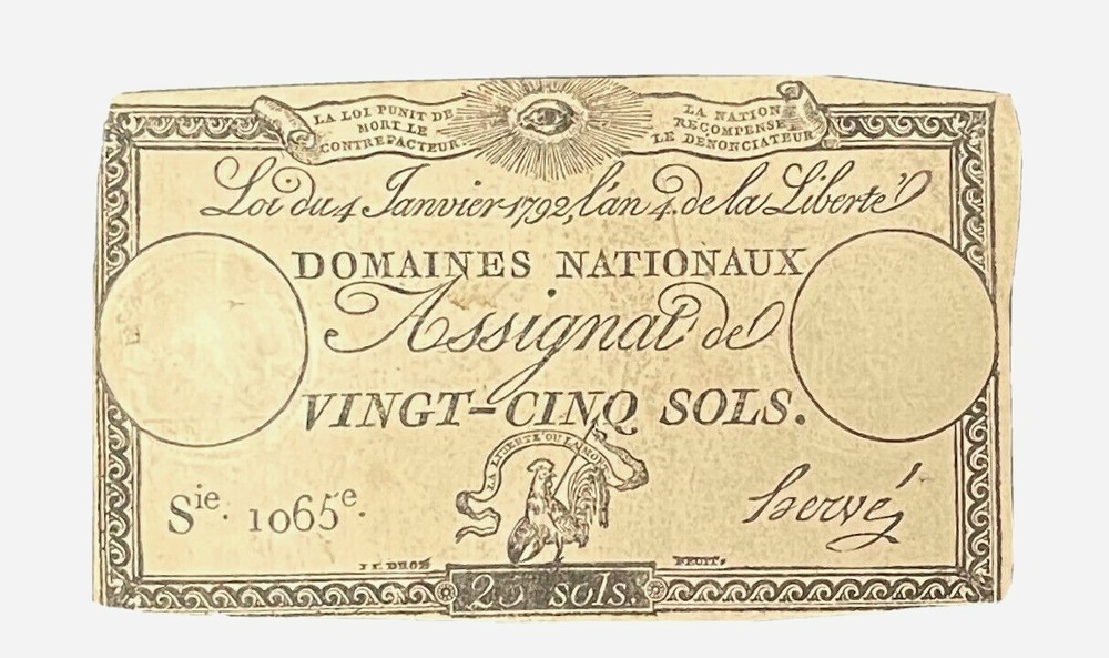 FRENCH REVOLUTION PRINTED NOTE 25 Sols Note January 4, 1792
