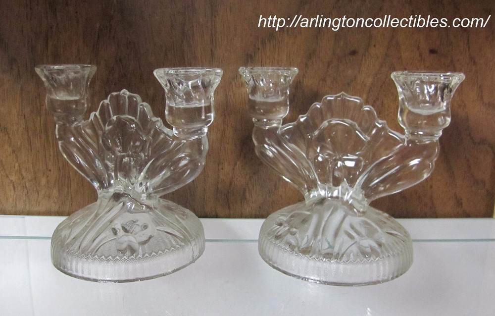 Set of 2 JEANNETTE Clear IRIS & HERRINGBONE Depression Double Light Candlesticks