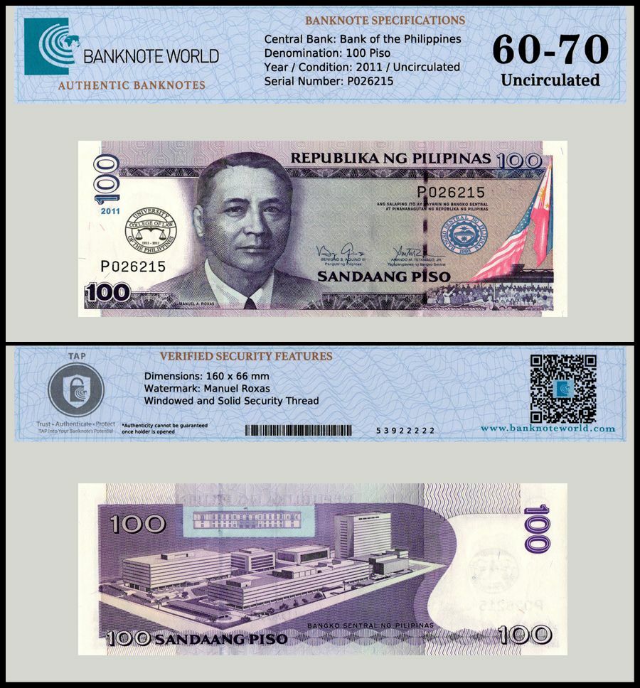 Philippines 100 Piso, 2011, P-212B, UNC, Commemorative, Authenticated Banknote